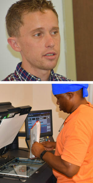 Top: “I wanted my congregation to experience this wonderful mission and hear the stories of how God is moving here,” said the Rev. Carmen Jordan, minister of Mission and Outreach, Pilgrim Baptist Church, Rockford, Ill. Middle: Alex Turvey, operations manager, KIPP New Orleans Leadership and Primary Academy, explains that it’s crucial for volunteers to do photocopying so that teachers can concentrate on other tasks before the school year begins. Bottom: Chris Morris, deacon at Pilgrim Baptist Church, programs the copier to make master copies of a text book. 