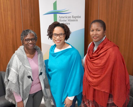 Photo of (left to right) Gale Tull, marketing associate for Judson Press; Rev. Sanetta Ponton, member of ABHMS Board of Directors; and Denise Hall, resource and sales associate for Judson Press, at the Women Who Minister Conference in November 2024.